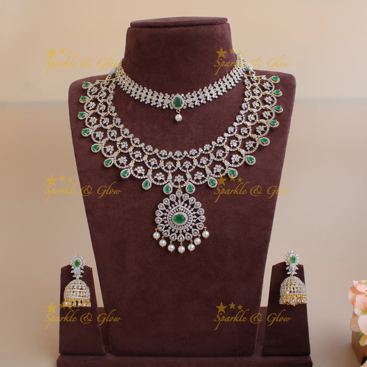 Grand Floral leaflet design American diamond choker and short necklace set with emerald and pearl drops - green
