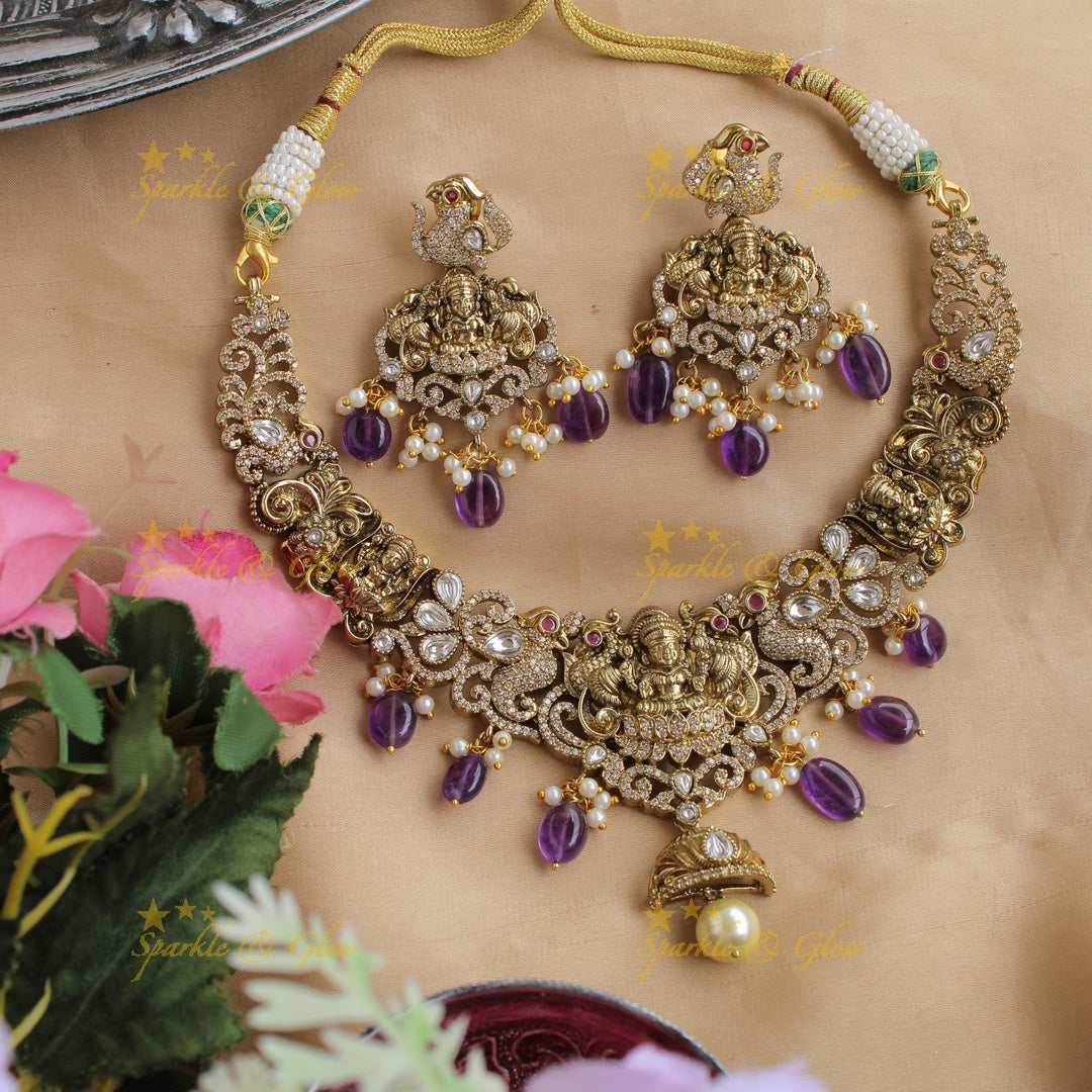 Elegant Lakshmi peacock carved victorian AD short necklace with pearls and purple beads