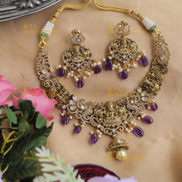Elegant Lakshmi peacock carved victorian AD short necklace with pearls and purple beads