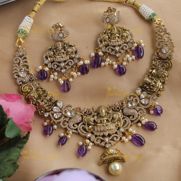 Elegant Lakshmi peacock carved victorian AD short necklace with pearls and purple beads