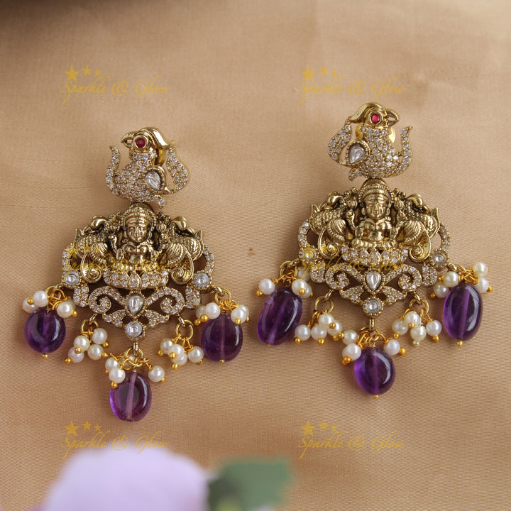 Elegant Lakshmi peacock carved victorian AD short necklace with pearls and purple beads