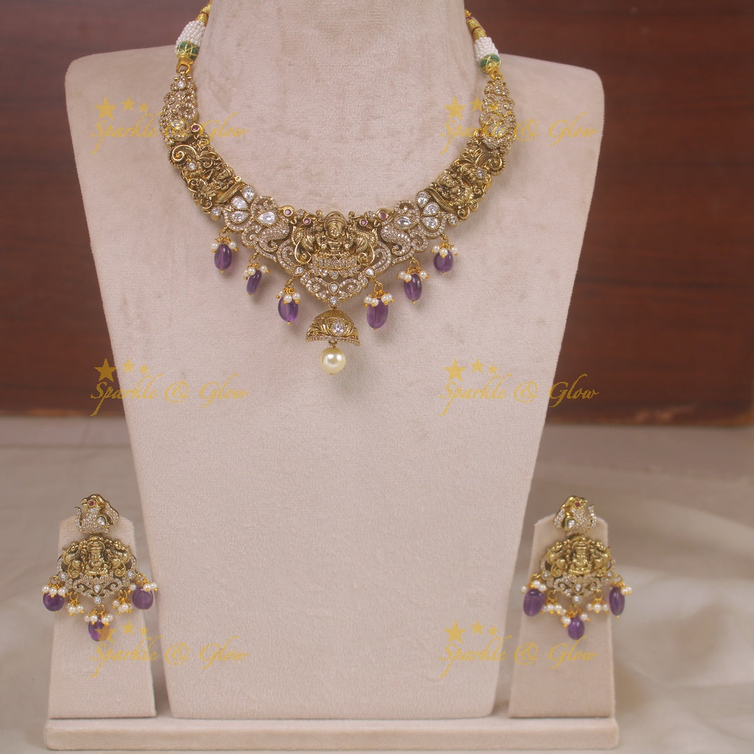 Elegant Lakshmi peacock carved victorian AD short necklace with pearls and purple beads
