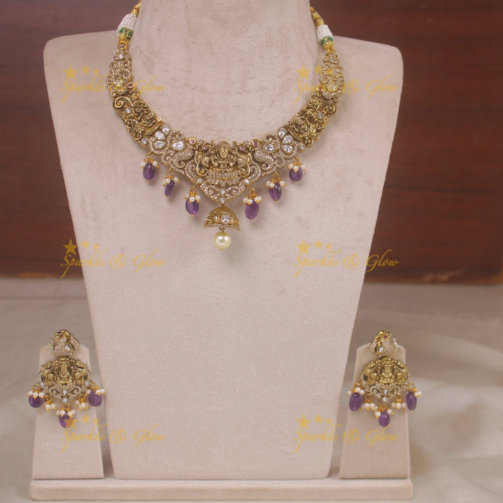 Elegant Lakshmi peacock carved victorian AD short necklace with pearls and purple beads