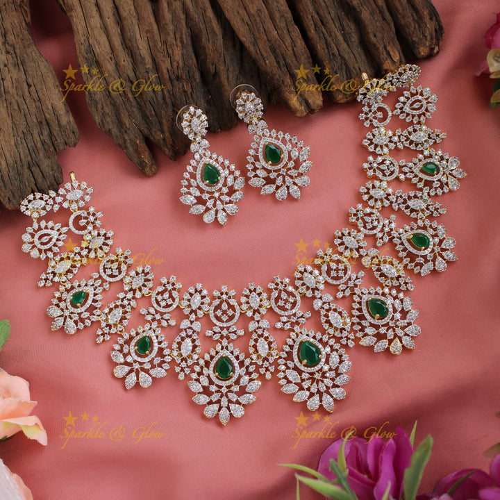 Glittering American diamond floral design short necklace with ruby - pink