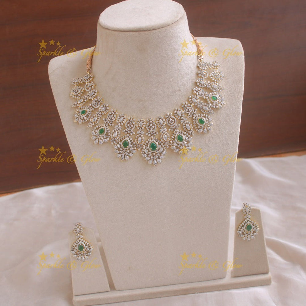 Glittering American diamond floral design short necklace with emerald - Sparkle and Glow - Back Thread - 