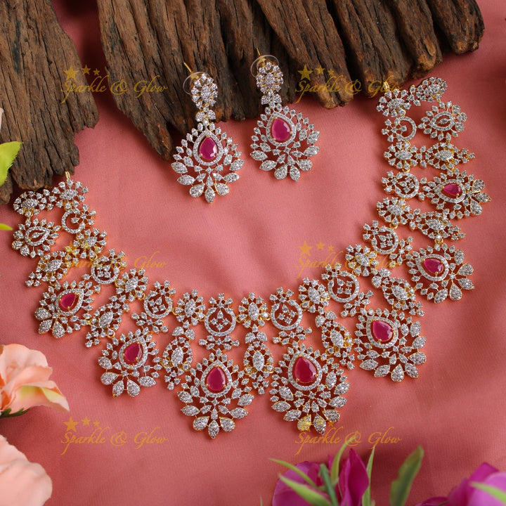 Glittering American diamond floral design short necklace with ruby - pink