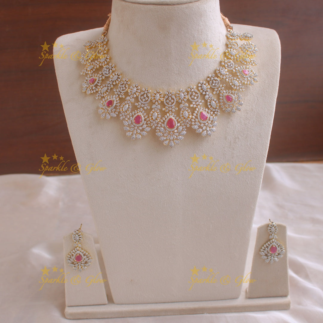 Glittering American diamond floral design short necklace with ruby - pink