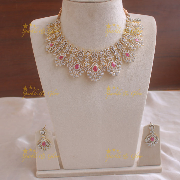 Glittering American diamond floral design short necklace with ruby - pink