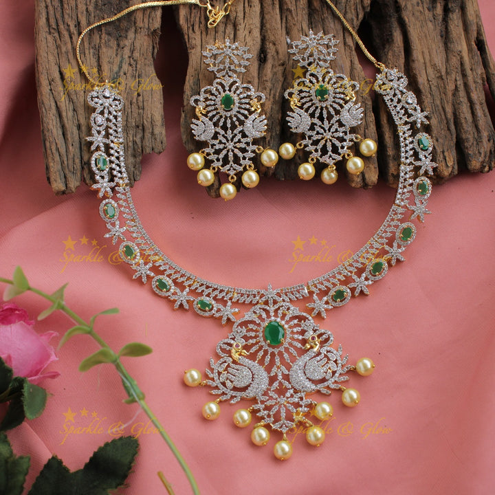 Stunning American diamond Peacock floral design short necklace with pearls and ruby - pink