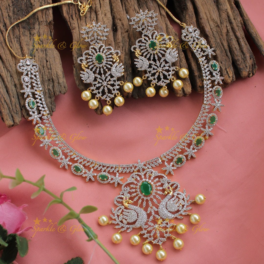 Stunning American diamond Peacock floral design short necklace with pearls and emerald - Sparkle and Glow - Back Thread - 