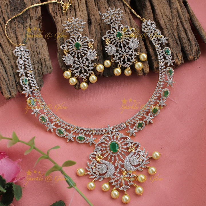Stunning American diamond Peacock floral design short necklace with pearls and emerald - Sparkle and Glow - Back Thread - 