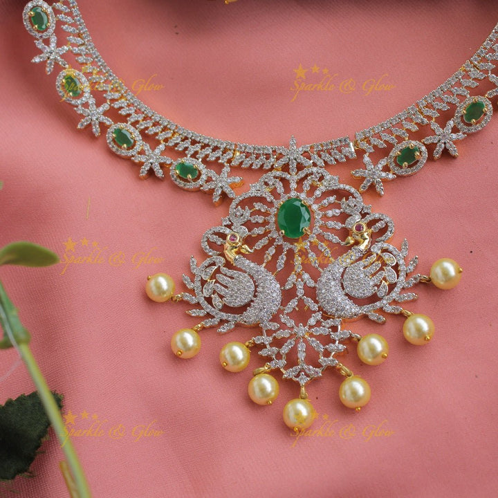 Stunning American diamond Peacock floral design short necklace with pearls and emerald - Sparkle and Glow - Back Thread - 