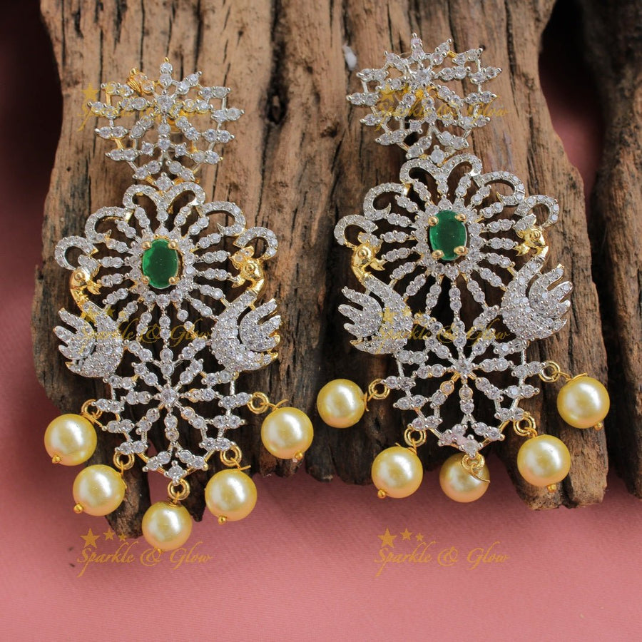 Stunning American diamond Peacock floral design short necklace with pearls and emerald - Sparkle and Glow - Back Thread - 