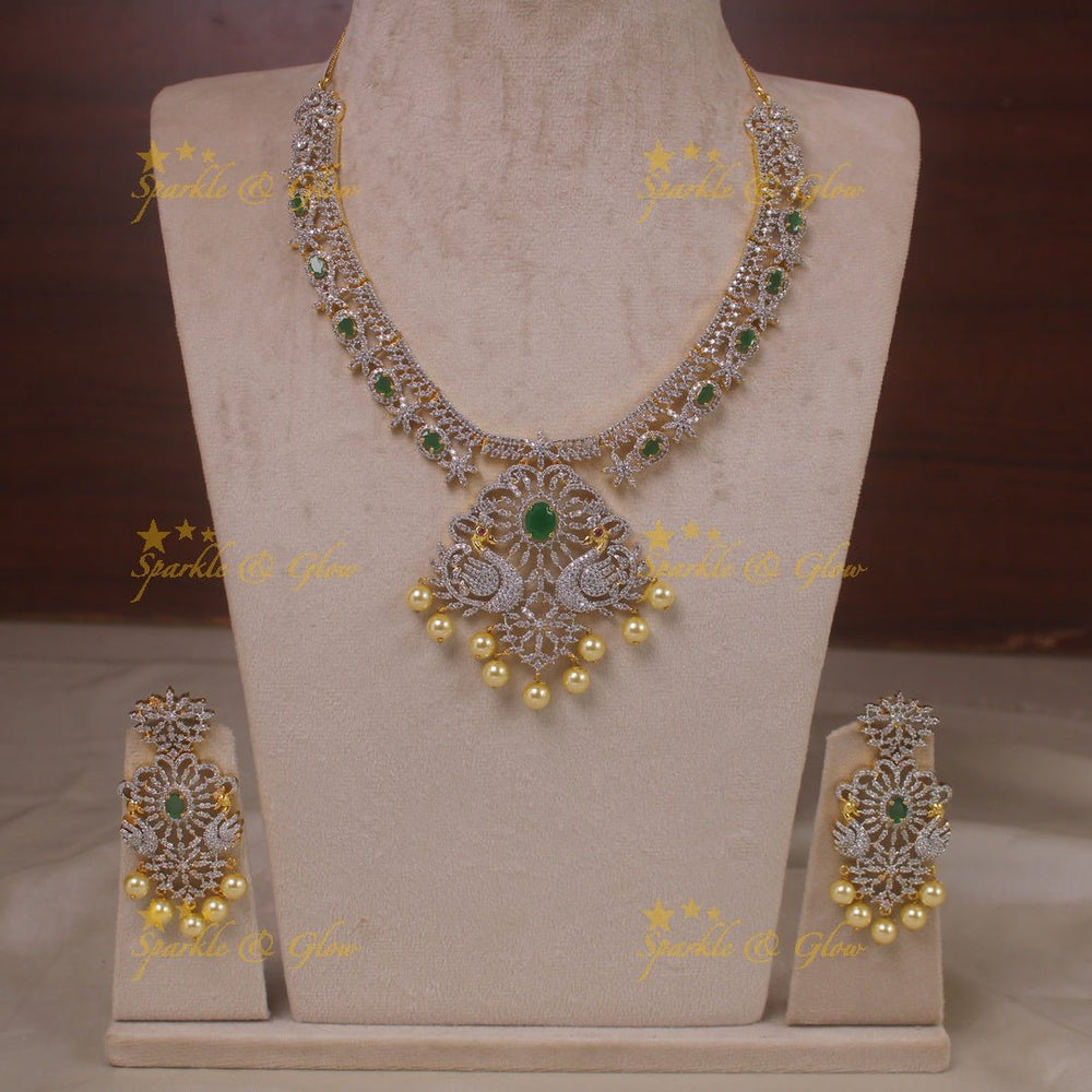 Stunning American diamond Peacock floral design short necklace with pearls and emerald - Sparkle and Glow - Back Thread - 