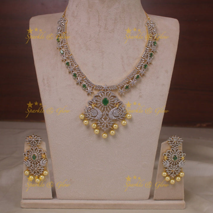Stunning American diamond Peacock floral design short necklace with pearls and emerald - Sparkle and Glow - Back Thread - 