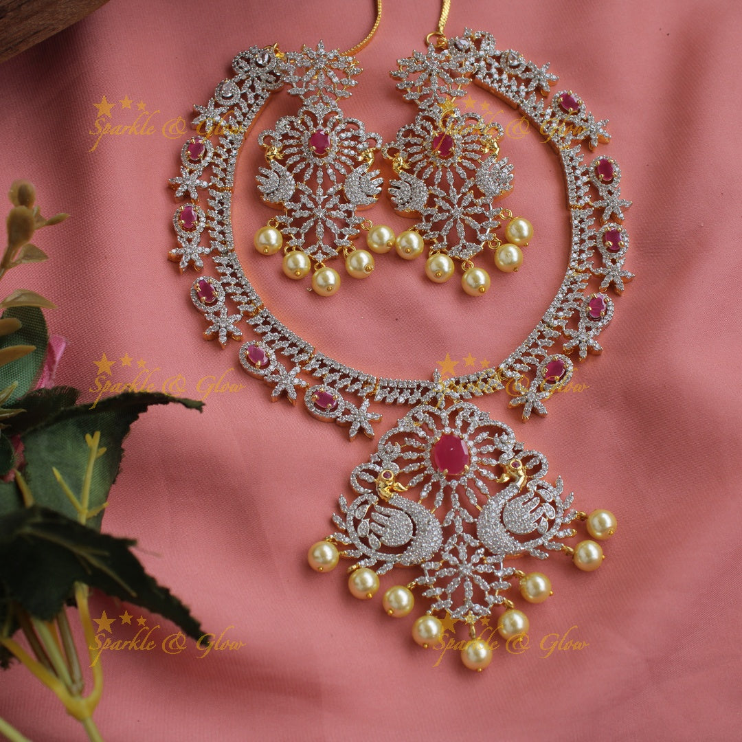 Stunning American diamond Peacock floral design short necklace with pearls and ruby - pink