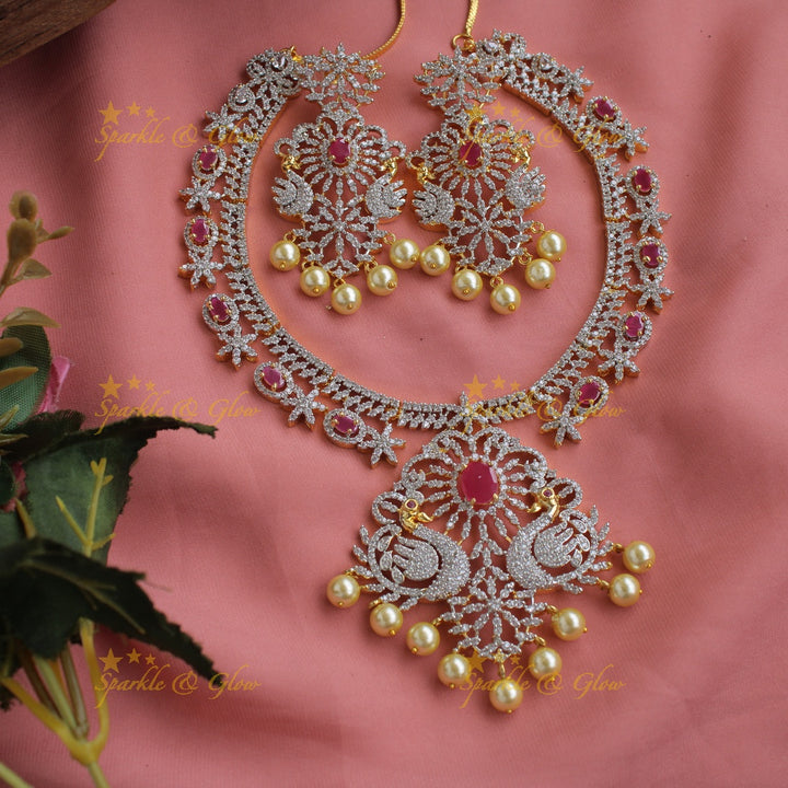 Stunning American diamond Peacock floral design short necklace with pearls and ruby - pink