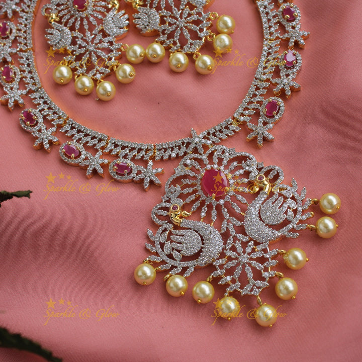 Stunning American diamond Peacock floral design short necklace with pearls and ruby - pink