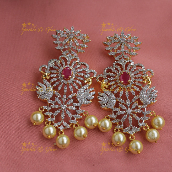 Stunning American diamond Peacock floral design short necklace with pearls and ruby - pink