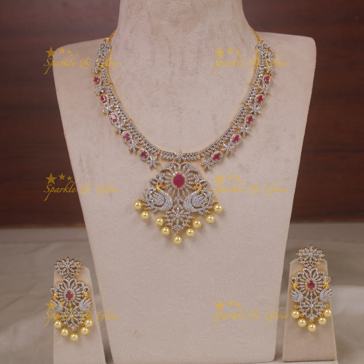 Stunning American diamond Peacock floral design short necklace with pearls and ruby - pink
