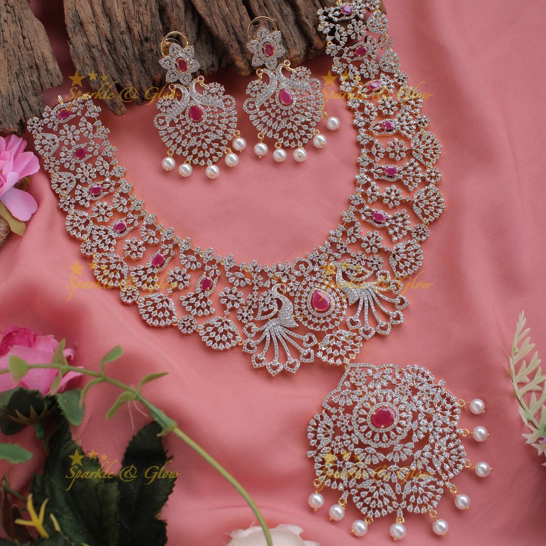 Grand peacock and floral design American diamond long necklace with pearls and ruby - Sparkle and Glow - Back Thread - 