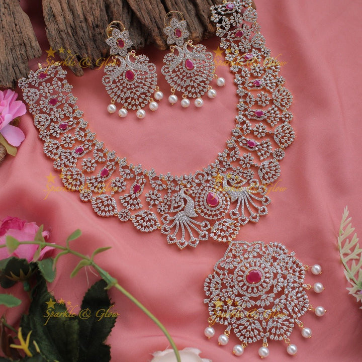 Grand peacock and floral design American diamond long necklace with pearls and ruby - Sparkle and Glow - Back Thread - 
