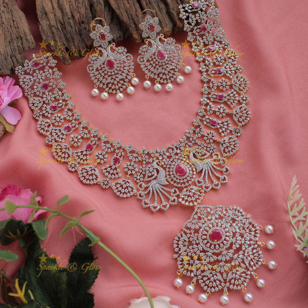 Grand peacock and floral design American diamond long necklace with pearls and emerald - green