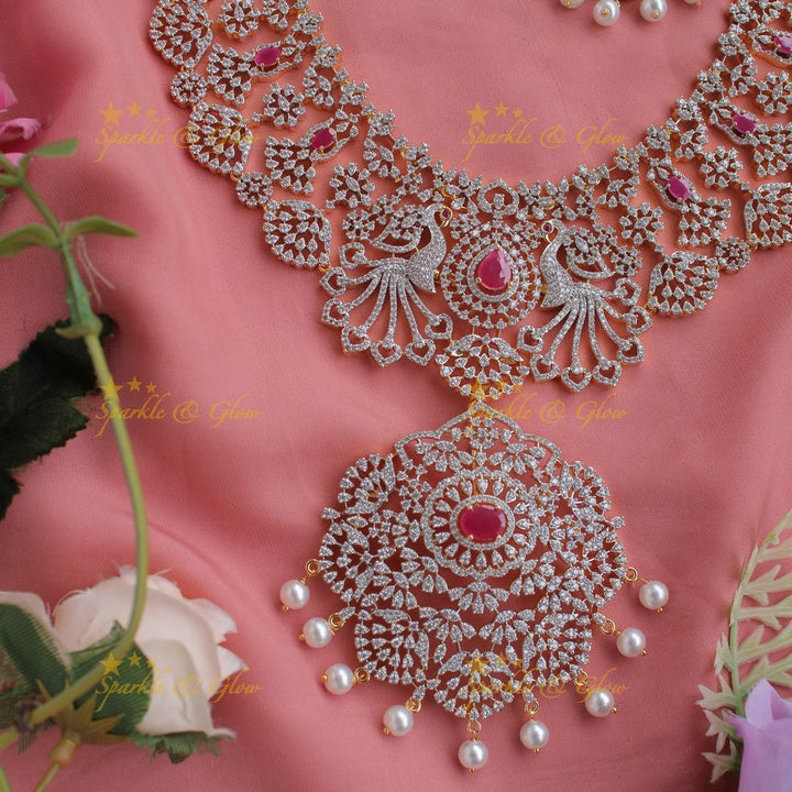 Grand peacock and floral design American diamond long necklace with pearls and ruby - Sparkle and Glow - Back Thread - 