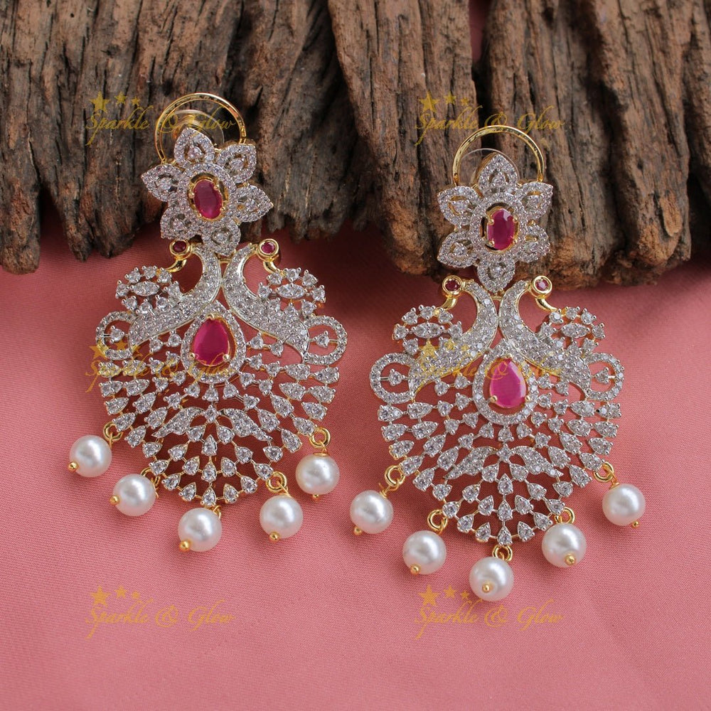 Grand peacock and floral design American diamond long necklace with pearls and ruby - Sparkle and Glow - Back Thread - 