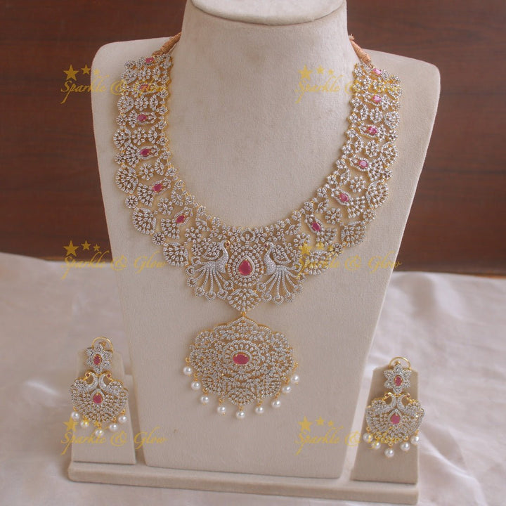 Grand peacock and floral design American diamond long necklace with pearls and ruby - Sparkle and Glow - Back Thread - 