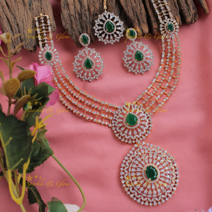 Statement floral pendent multi layer American diamond  long necklace with maang tikka - ruby