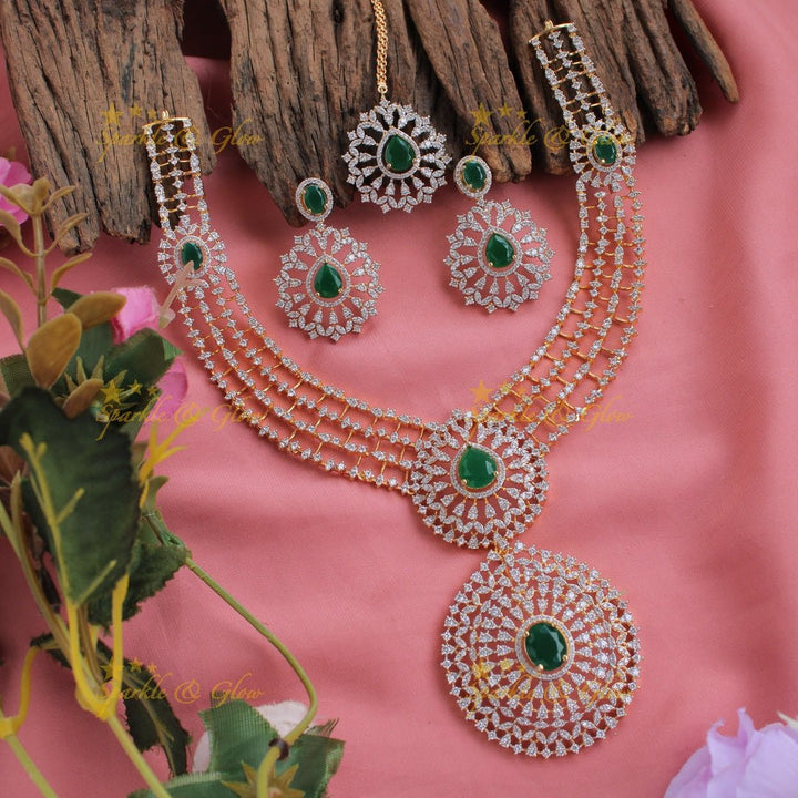 Statement floral pendent multi layer American diamond long necklace with maang tikka - Sparkle and Glow - Back Thread - 