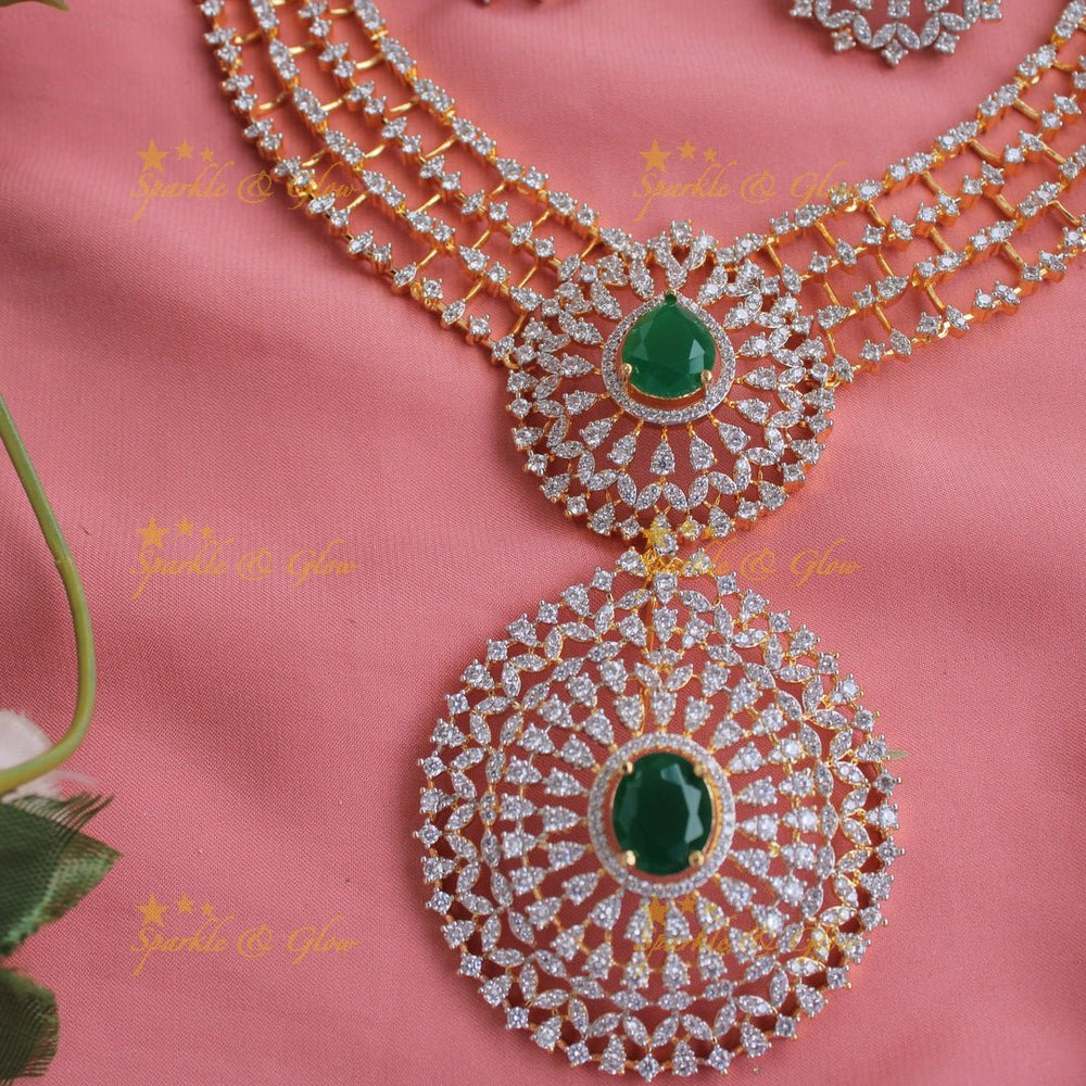Statement floral pendent multi layer American diamond long necklace with maang tikka - Sparkle and Glow - Back Thread - 