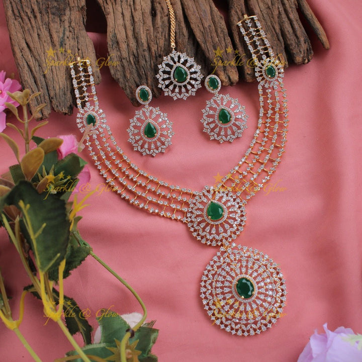 Statement floral pendent multi layer American diamond long necklace with maang tikka - Sparkle and Glow - Back Thread - 