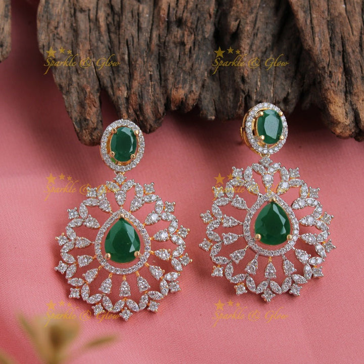 Statement floral pendent multi layer American diamond long necklace with maang tikka - Sparkle and Glow - Back Thread - 