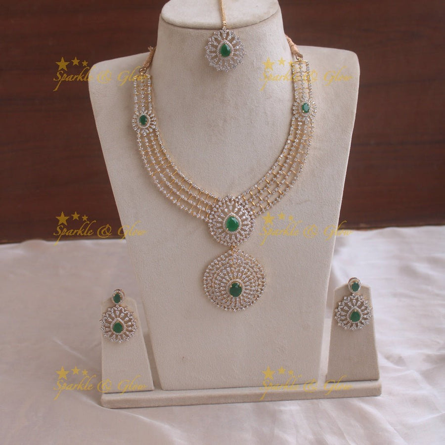 Statement floral pendent multi layer American diamond long necklace with maang tikka - Sparkle and Glow - Back Thread - 