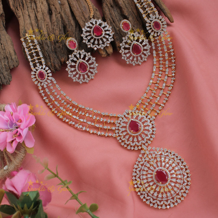 Statement floral pendent multi layer American diamond  long necklace with maang tikka - ruby