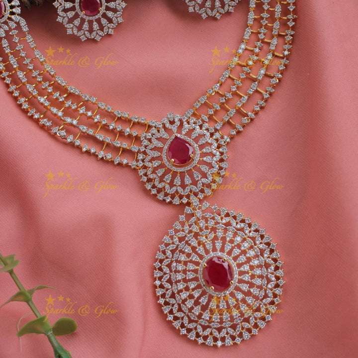 Statement floral pendent multi layer American diamond  long necklace with maang tikka - ruby