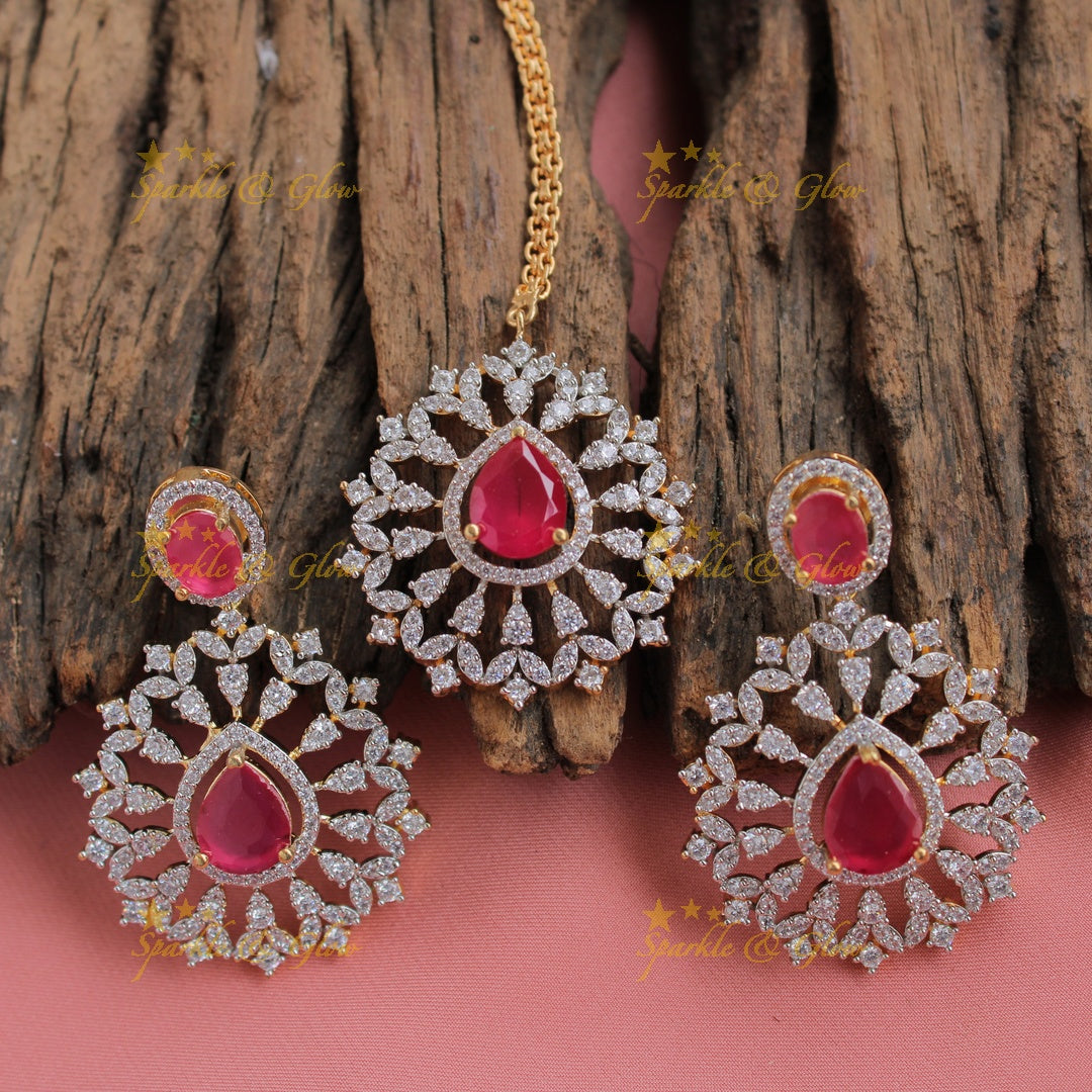 Statement floral pendent multi layer American diamond  long necklace with maang tikka - ruby