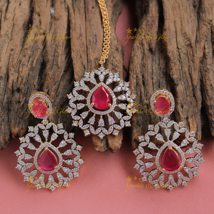 Statement floral pendent multi layer American diamond  long necklace with maang tikka - ruby