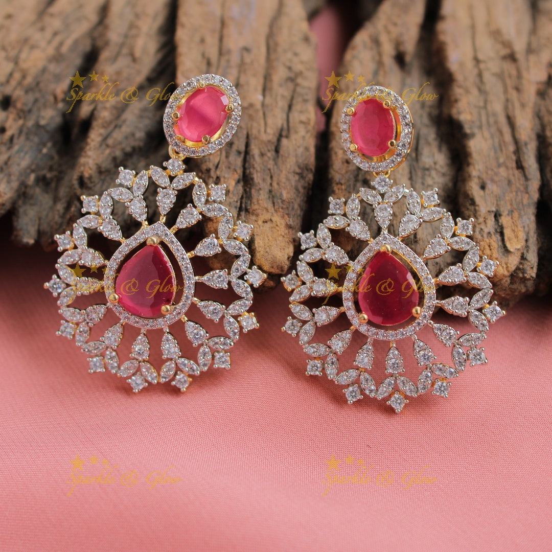 Statement floral pendent multi layer American diamond  long necklace with maang tikka - ruby