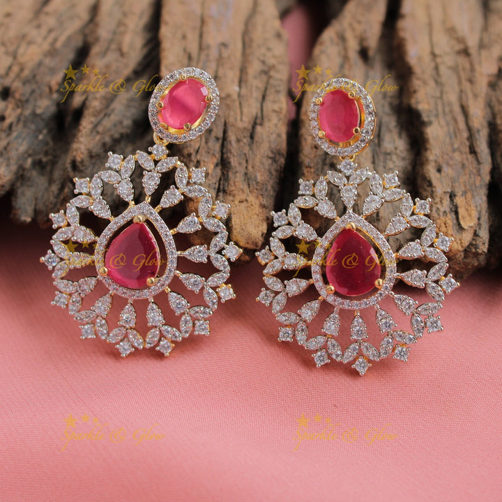 Statement floral pendent multi layer American diamond  long necklace with maang tikka - ruby