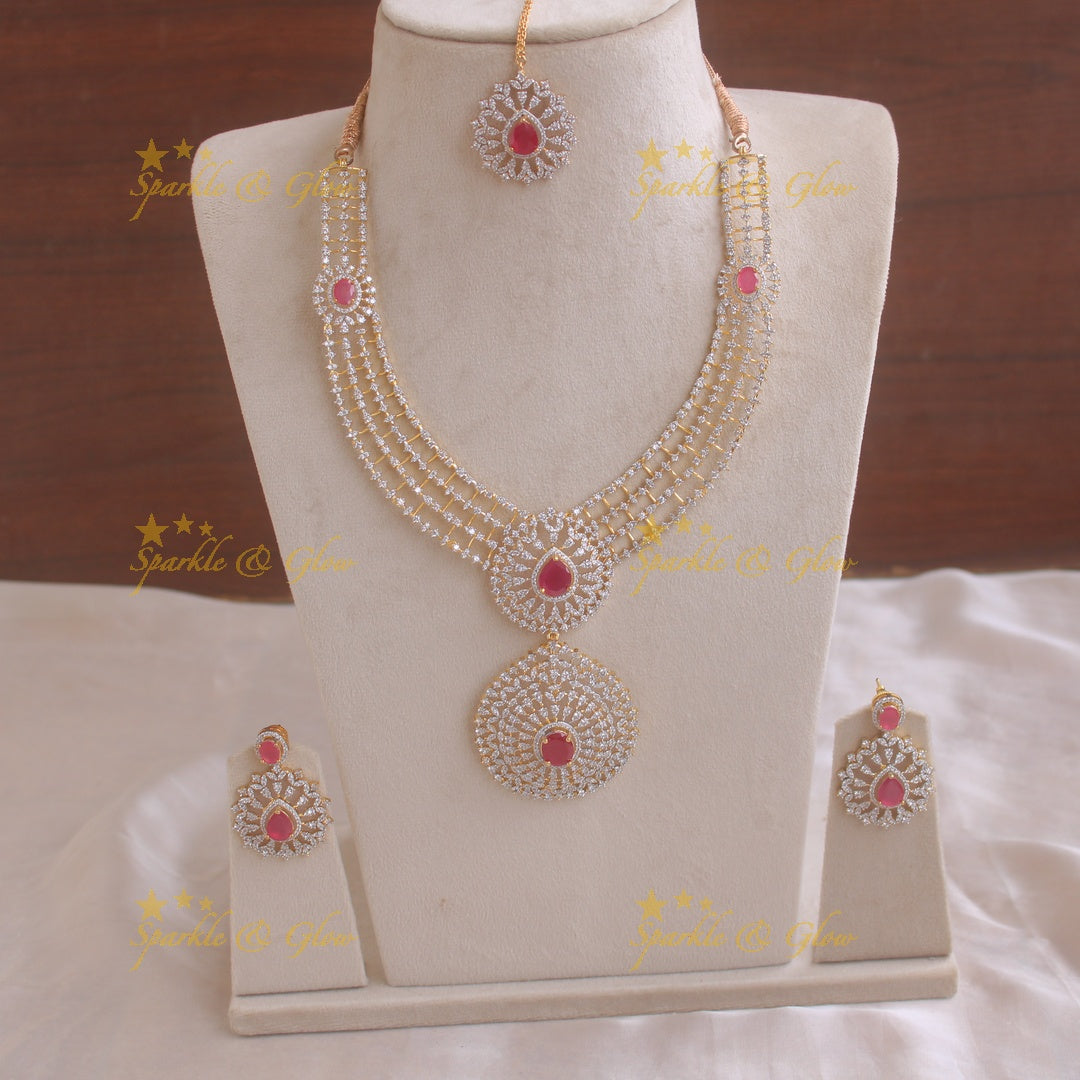 Statement floral pendent multi layer American diamond  long necklace with maang tikka - ruby