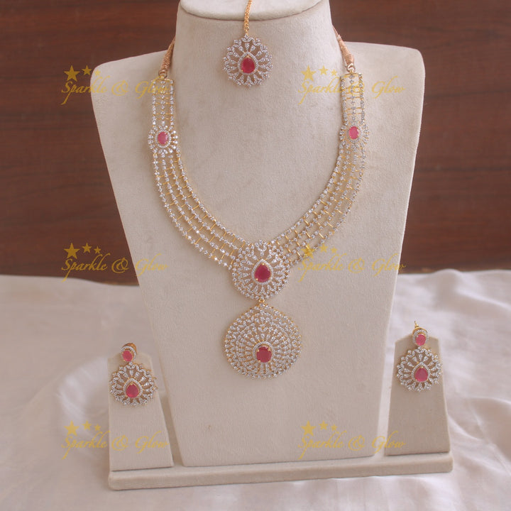 Statement floral pendent multi layer American diamond  long necklace with maang tikka - ruby