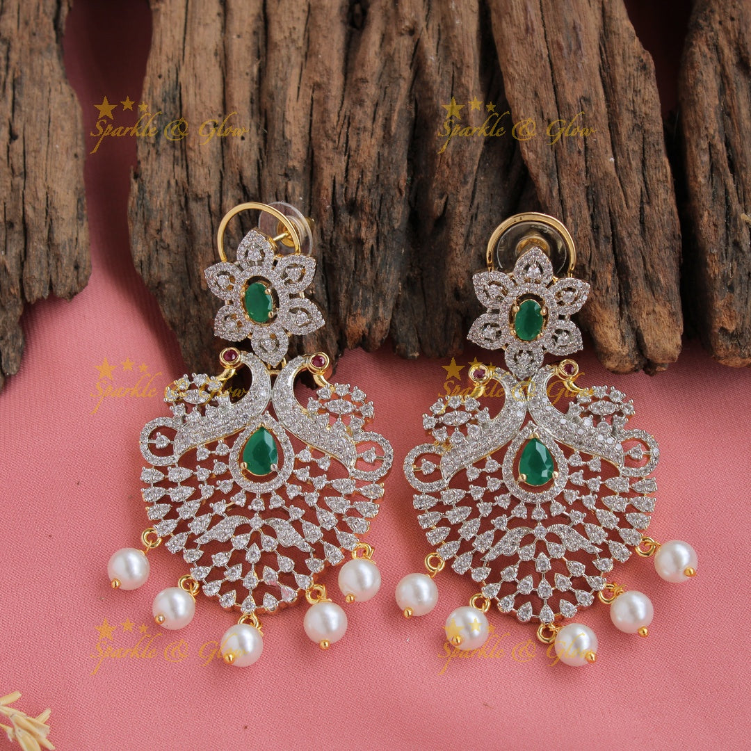 Grand peacock and floral design American diamond long necklace with pearls and emerald - green