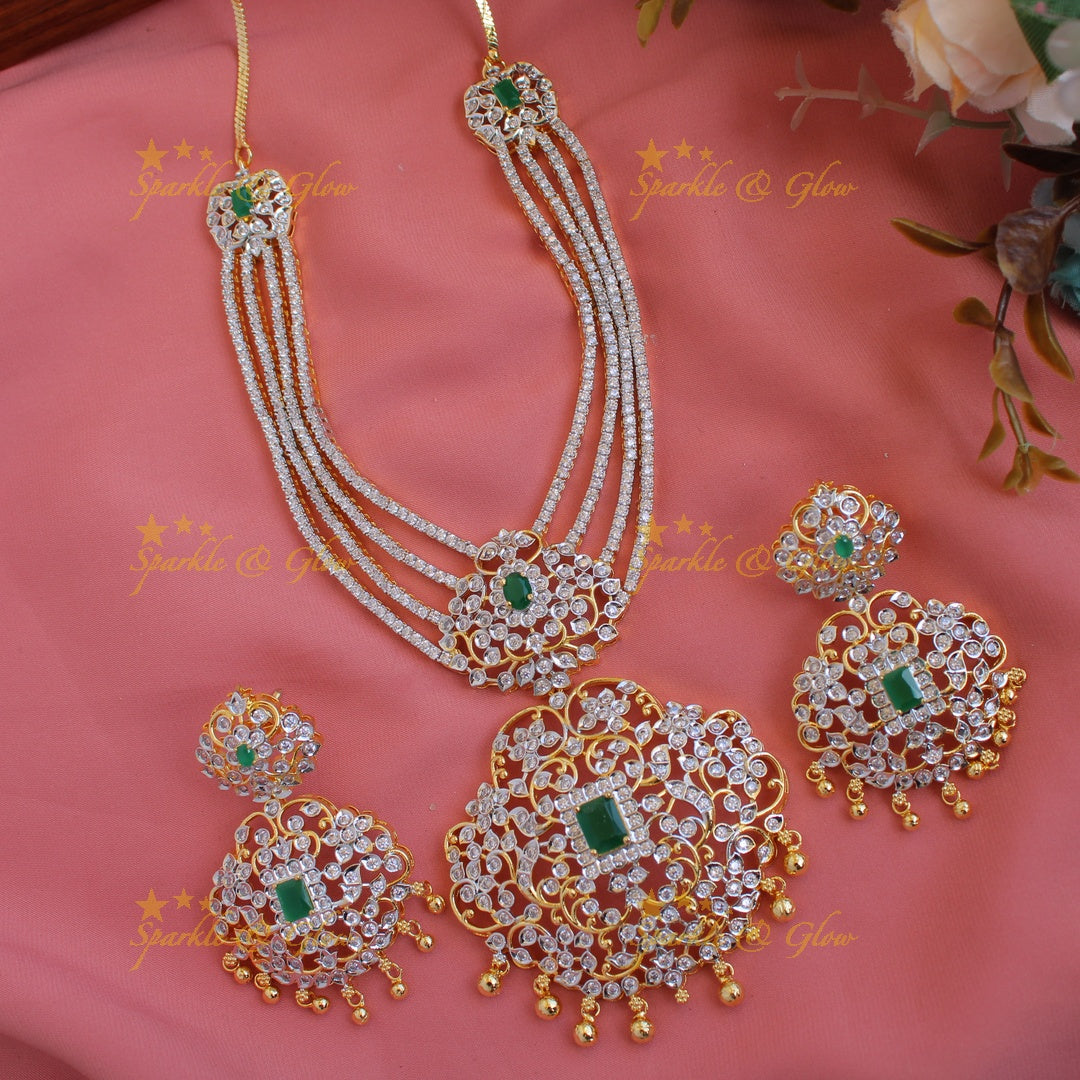 Elegant Flower pendent American diamond layer short necklace with emerald and gold beads