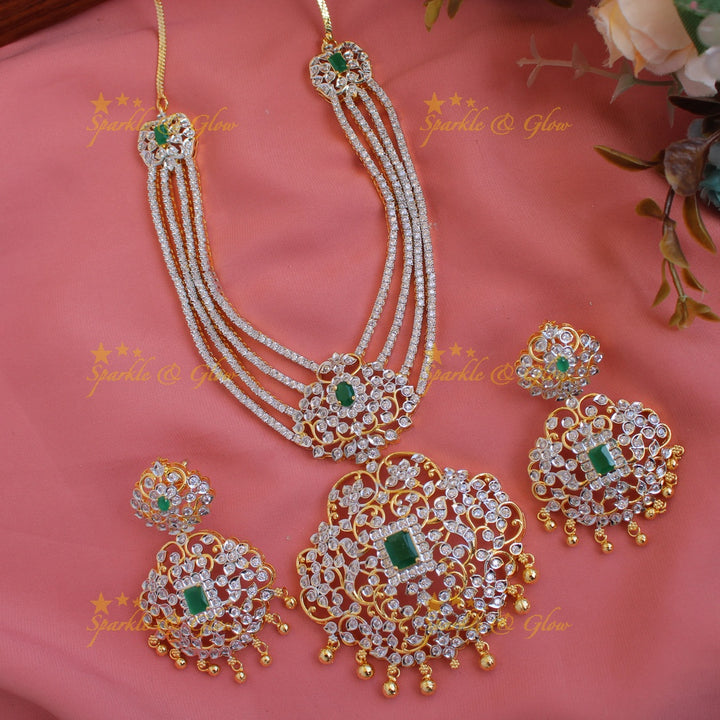 Elegant Flower pendent American diamond layer short necklace with emerald and gold beads