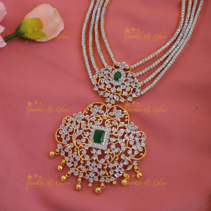 Elegant Flower pendent American diamond layer short necklace with emerald and gold beads