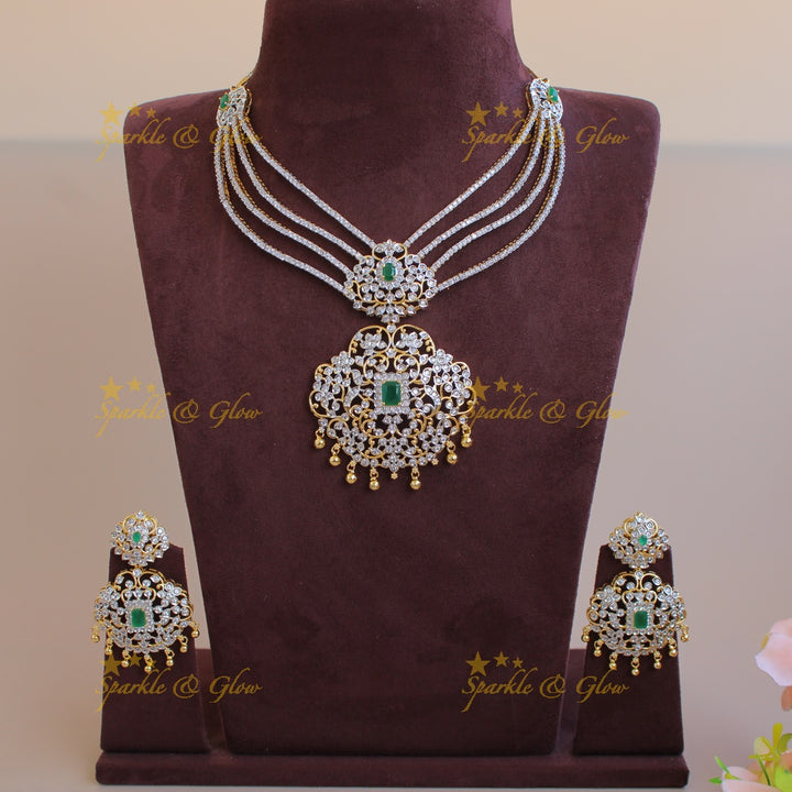 Elegant Flower pendent American diamond layer short necklace with emerald and gold beads