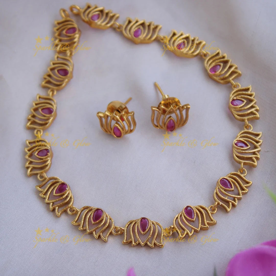 Elegant Premium Matt Lotus design Short Necklace stones pearls - white - Sparkle and Glow